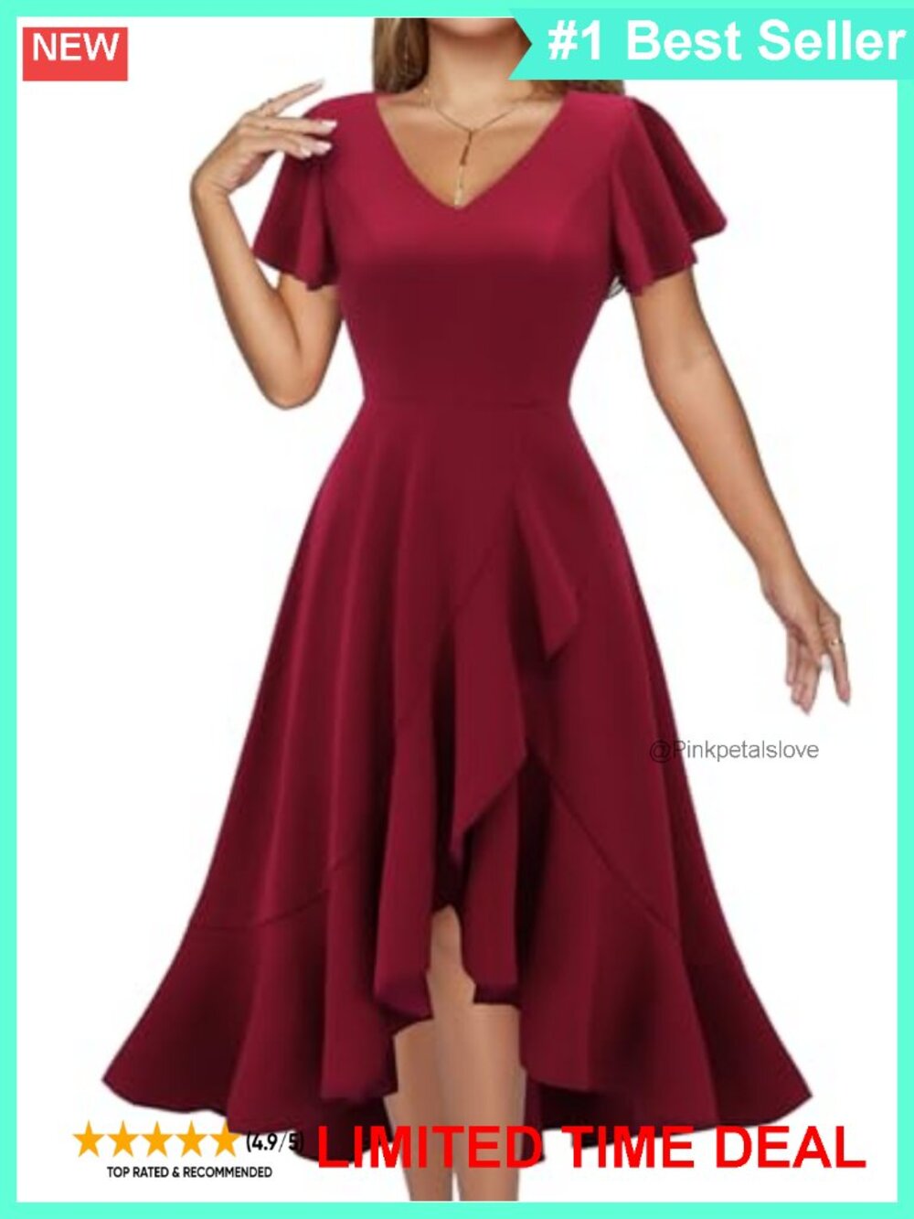 V-Neck Ruffle A-Line Midi Cocktail Dress Wrap Hem Formal
